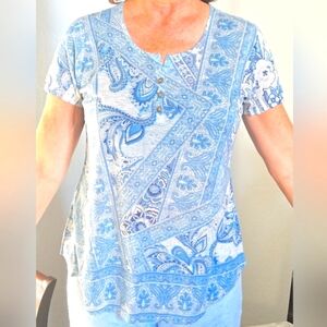 One World brand womens blue paisley print blouse